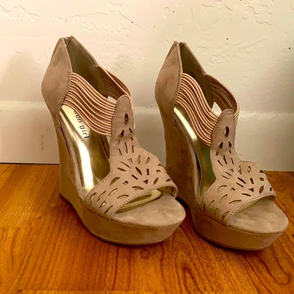 Tan suede, platform wedges